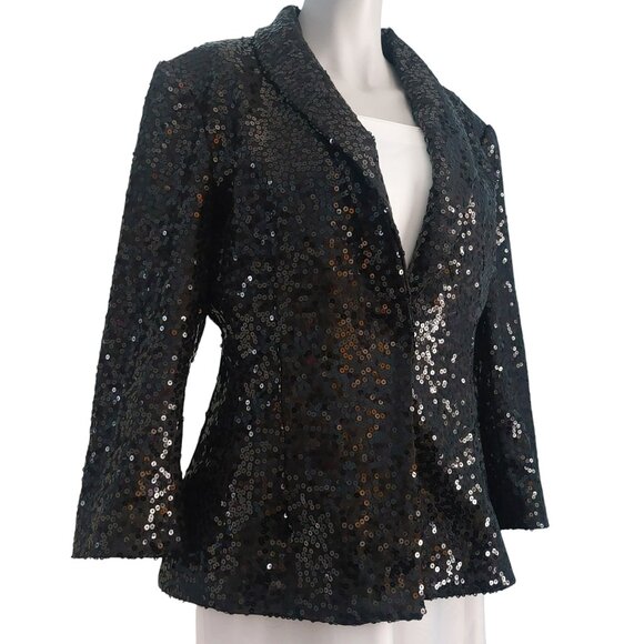 Black Sequins Blazer Jacket Women 10 Glam Evening 3/4 Sleeve Holiday Performance - Picture 3 of 14